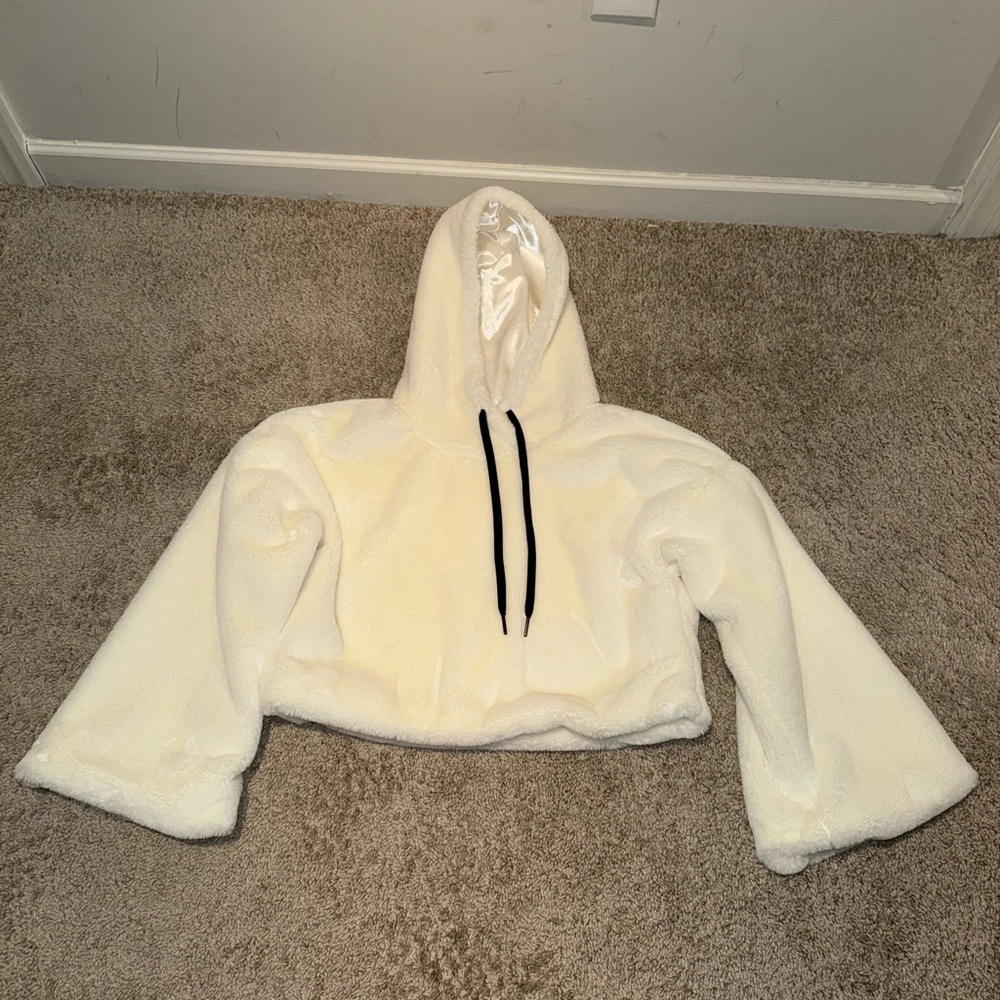 Fur crop Hoodie, satin lined hood.
